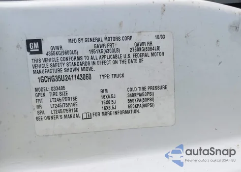 2004 Chevrolet Express z USA, uszkodzony, nr VIN 1GCHG35U241143060